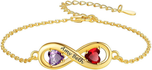 Custom4U Personalized Infinity Love Symbol Link Bracelets for Women 925 Sterling Silver Birthstone Bracelet Adjustable Engraved Chain Christmas Mother's Day Birthday Jewelry Gifts for Mom Her