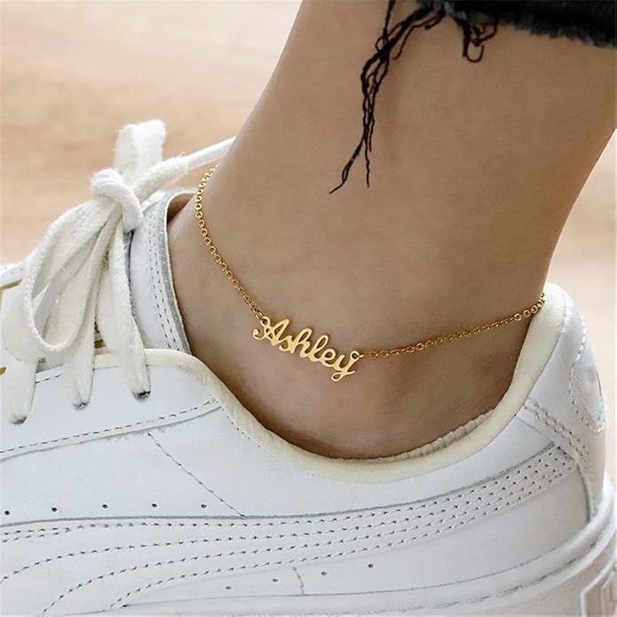 Personalized Name Ankle Bracelet for Women Custom Layered Name Anklet with Initials 18K Gold Plated Graduation Gift Customized Anklets for Women 8.7”-10.7”