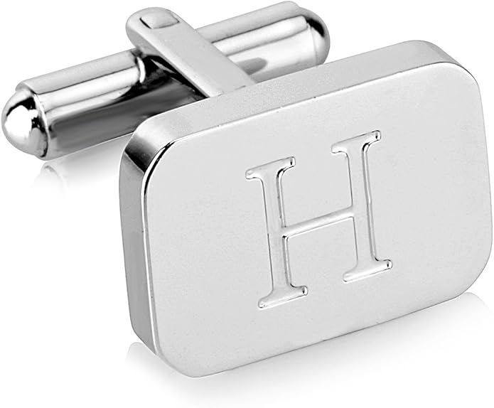 18K White-Gold Plated Initial Engraved Stainless Steel Men’s Cufflinks With Gift Box -Personalized Alphabet Letter’s A-Z By Lux & Pair