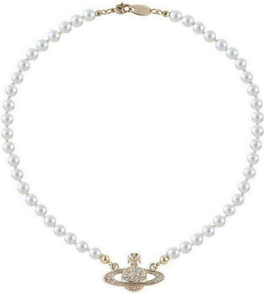 FENLDY Rhinestone Faux Planet Saturn Pearl Necklace for Women Jewelry, Fake Pearl Collar Pendant a Necklace Men with Charm for Girls Y2k Jewelry Ladies' Wedding Pearl Bead Chain Crystal Choker