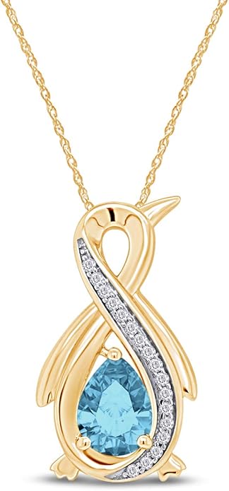 Infinity Penguin Pendant Necklace for Women, 14K Gold Over Sterling Silver with Pear & Round Cut Simulated Birthstone & White Diamond Accents, Dainty Animal Jewelry Gift with 18" Chain