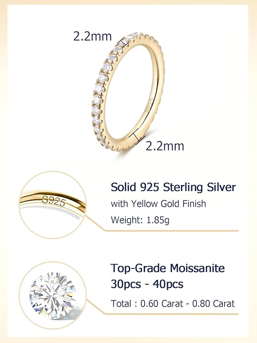 CYW Moissanite Sapphire Ruby Emerald Hand Setting Full Eternity Rings for Women, Solid 925 Sterling Silver, Stackable Ring, Wedding Birthday Valentines Anniversary Mothers Day Ideal Gift for Her