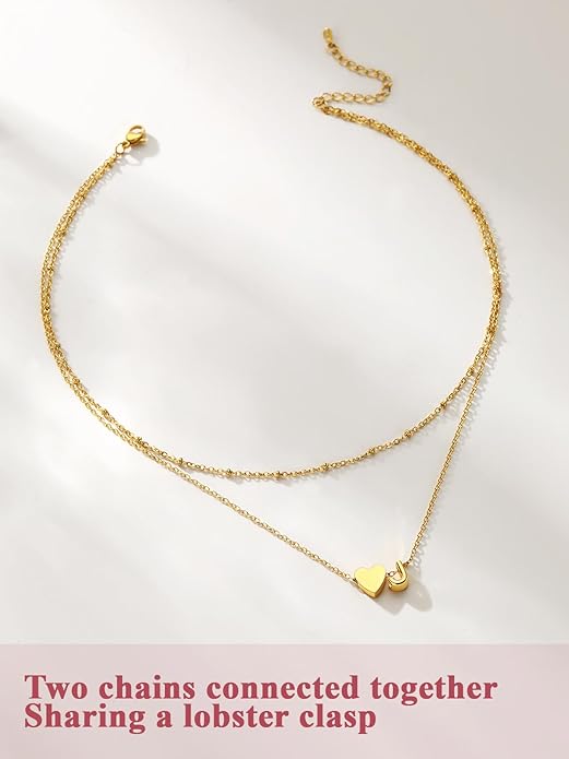 FOCALOOK Layered Initial Necklace for Women, 14K Gold Plated Choker Necklaces Stacks with Initial A-Z, Dainty Silver Heart Pendant Necklace Personalized Birthday Women Jewelry