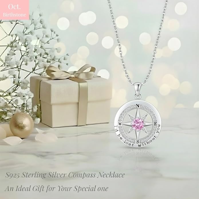 Compass Necklace for Women Wife Girlfriend Mom Daughter Gifts S925 Silver Jewelry For Anniversary Rose Gold Gifts For Birthday Christmas Mothers Valentines Day 12 Birthstones