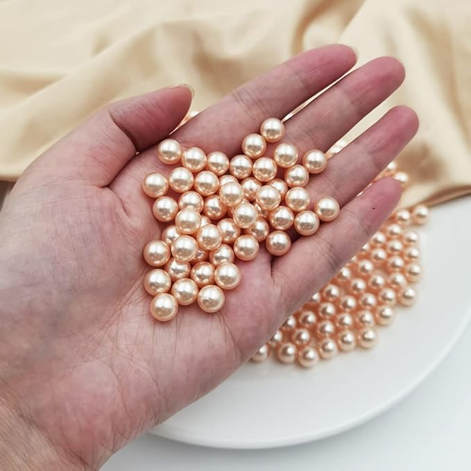 INSPIRELLE 1100pcs Champagne Undrilled ABS Pearls for Vase Fillers, 8mm No Hole Makeup Beads to Hold Brush Lipstick Eyeliner, Imitation Round Pearl Beads for Table Scatter Home Wedding Decoration
