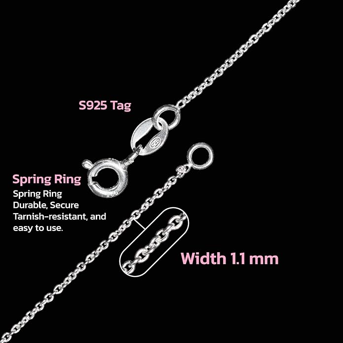 Thin Solid 925 Sterling Silver Chain Necklace 1.1mm, 14 16 18 20 22 24 Inch, Cable Chain, Anti-tarnish, Hypoallergenic, Includes Gift Box, Strong Dainty Chain for Women, Made in Thailand