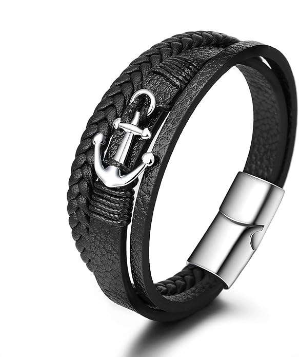 Italian Handmade Genuine Leather Bracelets for Men Stainless Steel Clip, Men's Casual Genuine Multi-layer Cuff Bracelet, Bracelet Gift for Real Men