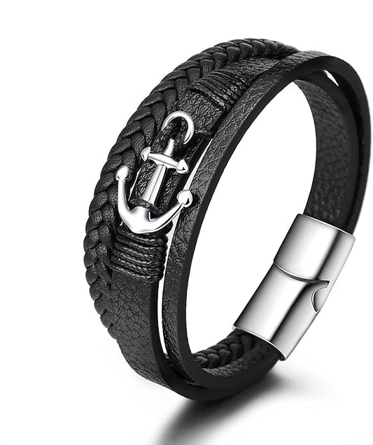 Italian Handmade Genuine Leather Bracelets for Men Stainless Steel Clip, Men's Casual Genuine Multi-layer Cuff Bracelet, Bracelet Gift for Real Men