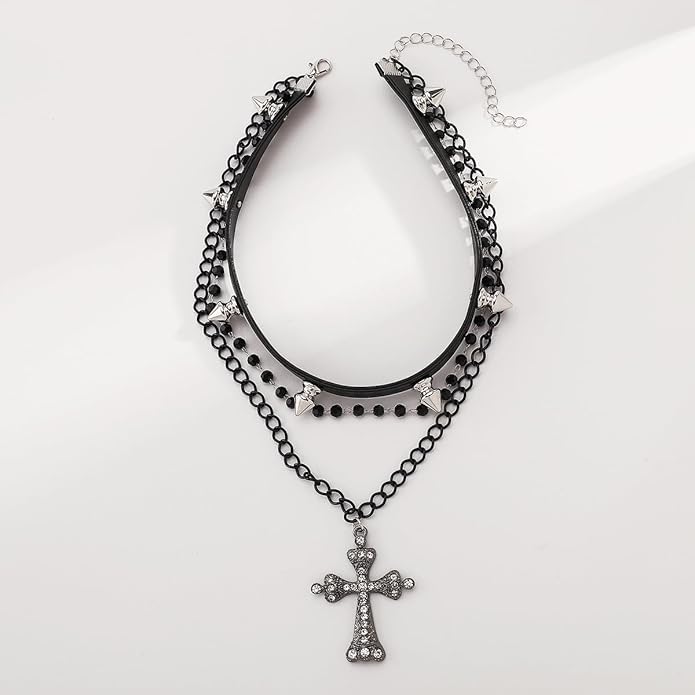 Gothic Layered Necklace for Women Men Punk Leather Spike Studded Choker Collar Necklace Vintage Crystal Cross Pendant Necklace Goth Black Crystal Choker Necklace Halloween Party Jewelry