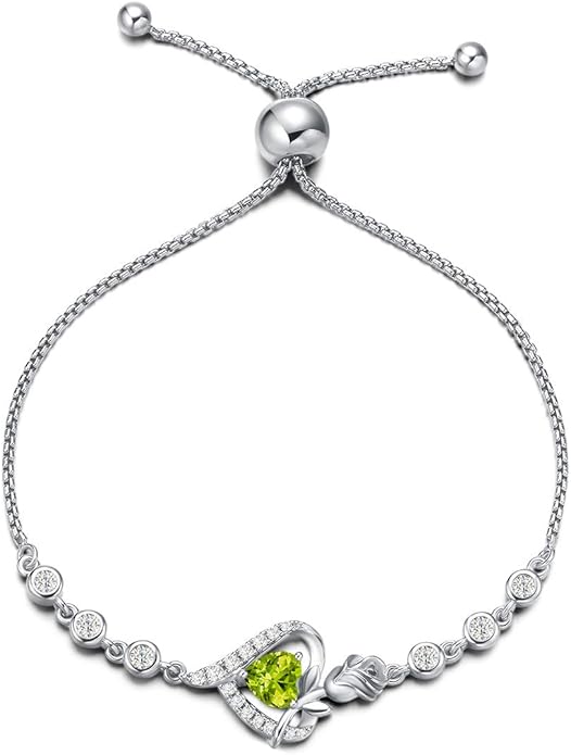 AGVANA Rosy Reverie Birthstone Bracelet for Women Sterling Silver Genuine or Created Gemstone Tennis Bracelet Rose Heart Jewelry Anniversary Birthday Gifts for Women Mom Wife Her