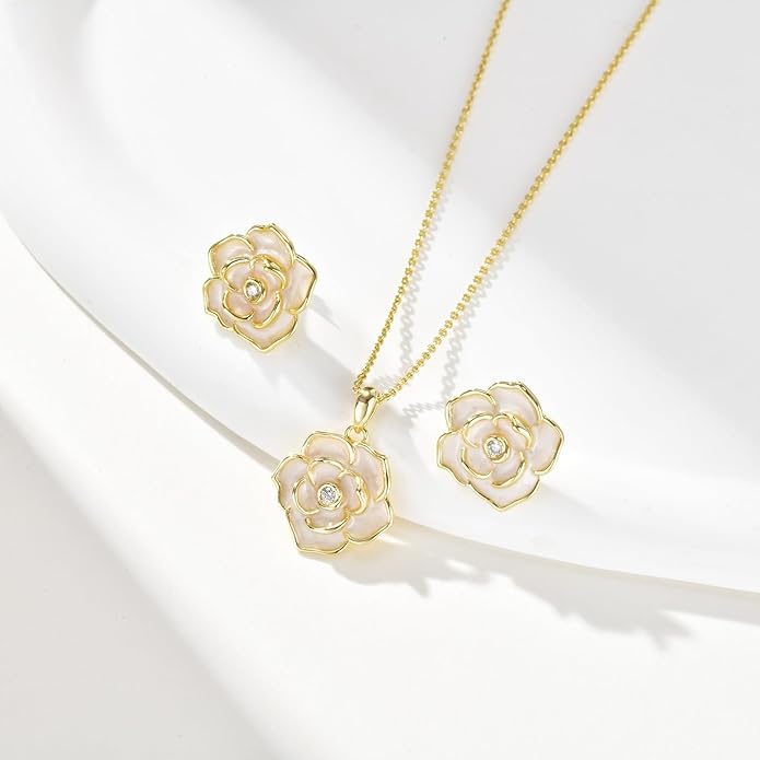 Rose Flower Earring Necklace Set - 14k Gold Plated Hypoallergenic Jewelry Sets For Women, Trendy Cubic Zirconia Floral Hoop Earring Pendant Necklace Anniversary Birthday Gift for Her