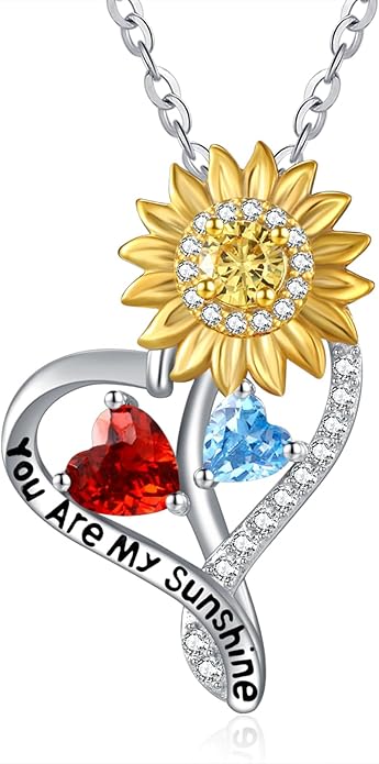 Zeuslia Double Birthstone Necklace Gifts for Wife - 925 Sterling Silver Sunflower/Rose/Crown Cross/Compass/Heart Pendant I Love You Necklace, Anniversary Birthday Gifts for Wife Girlfriend Mom Her