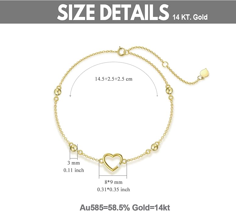14K Solid Gold Moissanite Heart Bracelet for Women, Real Gold Love Heart Bracelets Anniversary Christmas Jewelry Gift for Her, Wife, Mom, Sister 8"