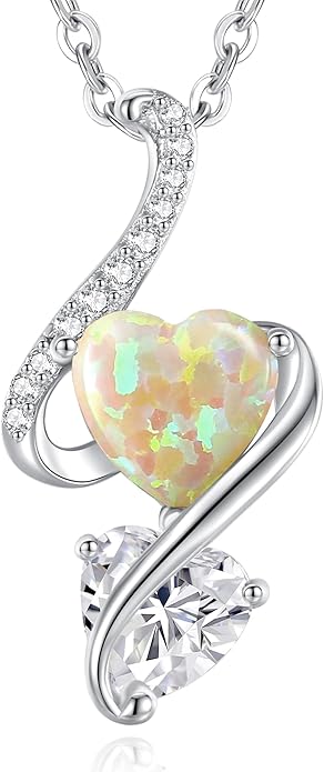 LOUISA SECRET 925 Sterling Silver Opal Birthstone Necklace, Unique Tiny Double Heart Pendant Jewelry, Engraved with "S925 I Love You" Best Birthday Gift for Women Wife Girlfriend Mom Her, Christmas Day Valentine's Day Anniversary Mother's Day