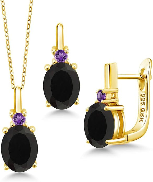 Gem Stone King 4.95 Ct Black Onyx Purple Amethyst 18K Yellow Gold Plated Silver Pendant and Earrings Jewelry Set