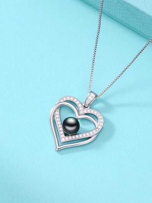 KANNSOAR Tahitian Black Pearl AAAA 18K White Gold Plated Sterling Silver Heart Pendant Necklace for Women Wife Mom Girlfriend Valentine Her Jewelry Gift for Anniversary Birthday Christmas