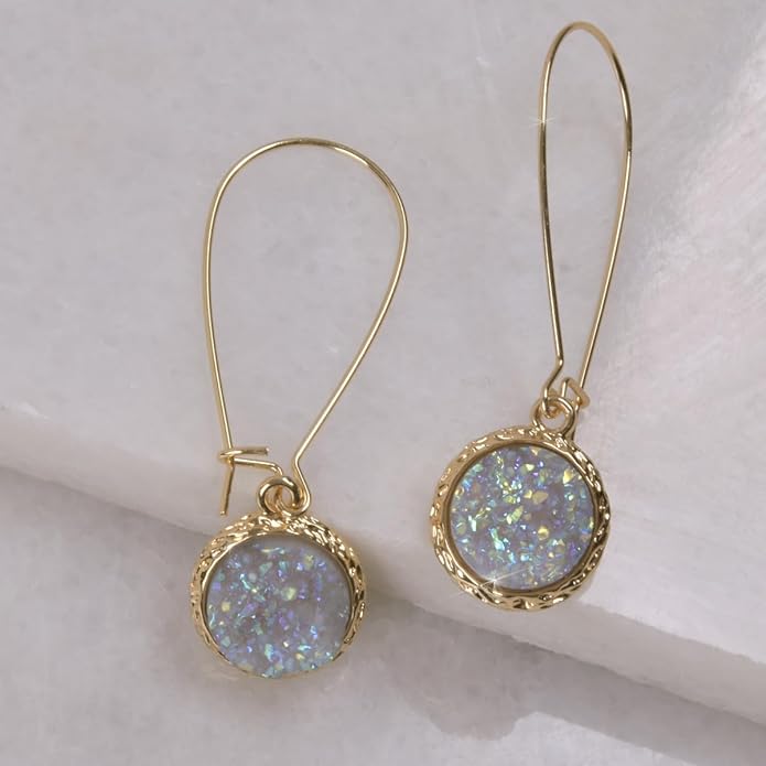Simulated Druzy Threader Drop Earrings for Women - Gold, Silver, or Rose Gold Tone Trendy Boho Dangles with Sparkly Round Stone