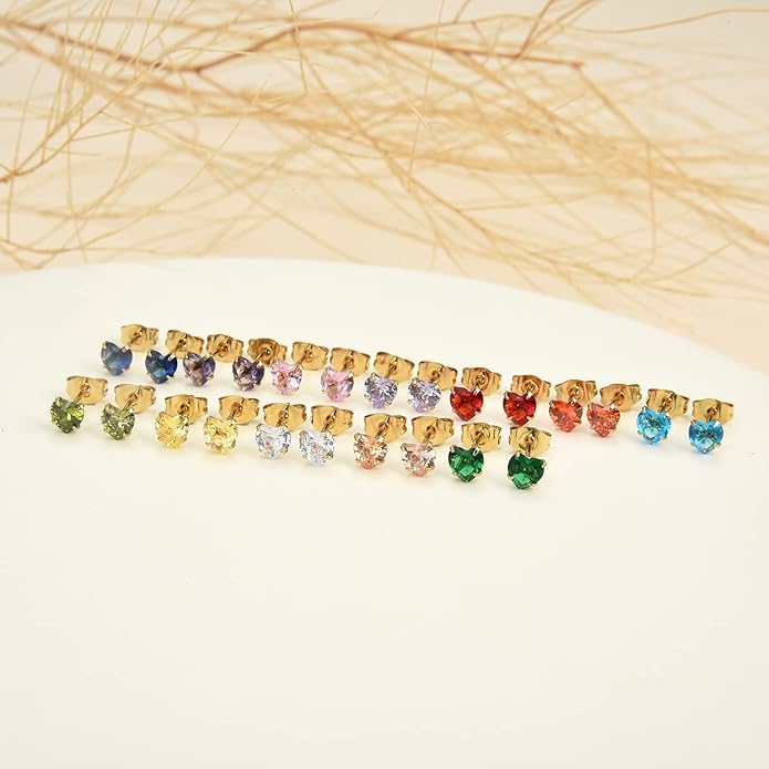 12 Pairs 18K Gold Plated Surgical Stainless Steel Stud Earrings, Star Heart Square Stud Earring for Women, Cubic Zirconia Birthstone Stud Earrings Set