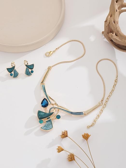 Chunky Statement Jewelry Set Vintage Retro Leaf Flower Floral Geometric Bohemian Boho Bib Necklace Earring Set Fashion Costume Jewelry for Women Girls Wedding Party Prom Unique Gift