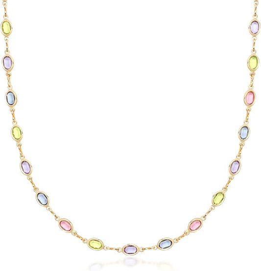 Barzel 18K Gold Plated Multicolor Stone Crystal Oval Necklace for Women - Made In Brazil