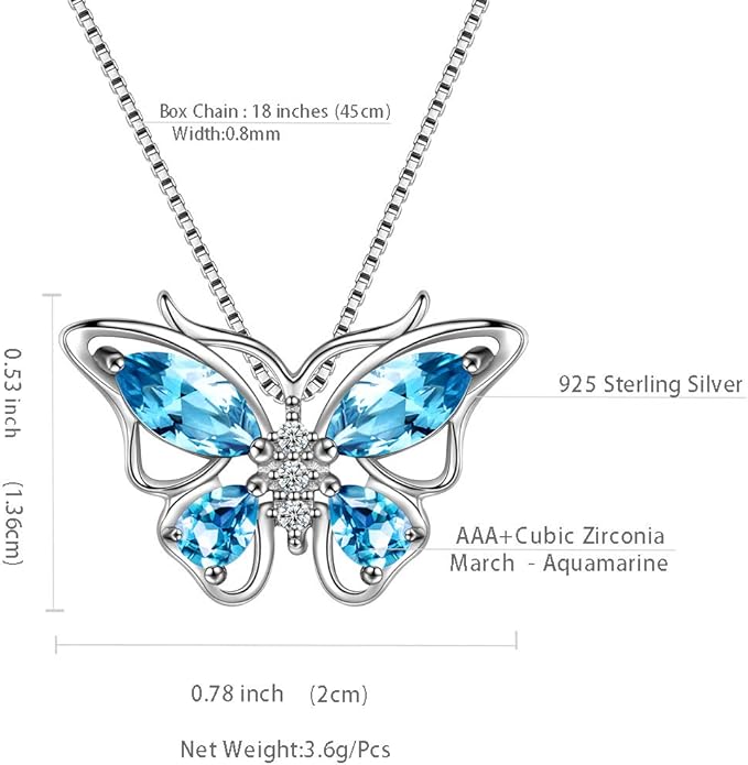 Aurora Tears Butterfly Birthstone Pendant Necklace - Women 925 Sterling Silver Butterflies Birthstone Pendant Necklace Jewelry Birthday Gift for Women
