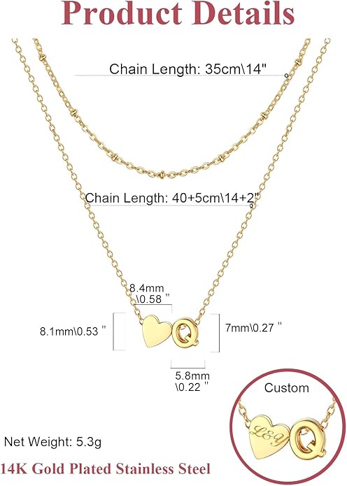 FOCALOOK Layered Initial Necklace for Women, 14K Gold Plated Choker Necklaces Stacks with Initial A-Z, Dainty Silver Heart Pendant Necklace Personalized Birthday Women Jewelry