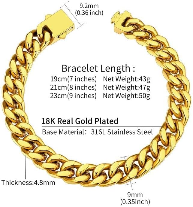 ChainsHouse Stainless Steel Cuban Link Bracelet for Men, 5mm/7mm/9mm/12mm Width, 7.5"/8.3"/9" Length, Black/18K Gold Plated Chain Wrist Bracelets for Men, with Gift Box