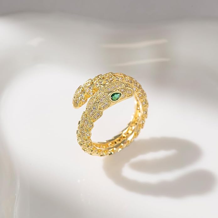 Aura & lrena Adjustable Snake Rings for Wome, 18K Gold or Platinum Plating Open-Ended Ring with AAA Cubic Zirconia Fashion Jewelry, Statement Gift Design Rings for Men and Women Non Tarnish