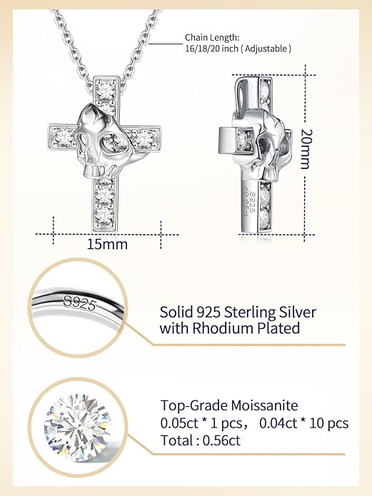 CYW Moissanite Skull Cross/Spider/Raven Necklace for Men Women, Intriguing Design, Really Authentic Solid 925 Sterling Silver with Rhodium Finish, 16"/18"/20" Adjustable, Halloween Jewelry