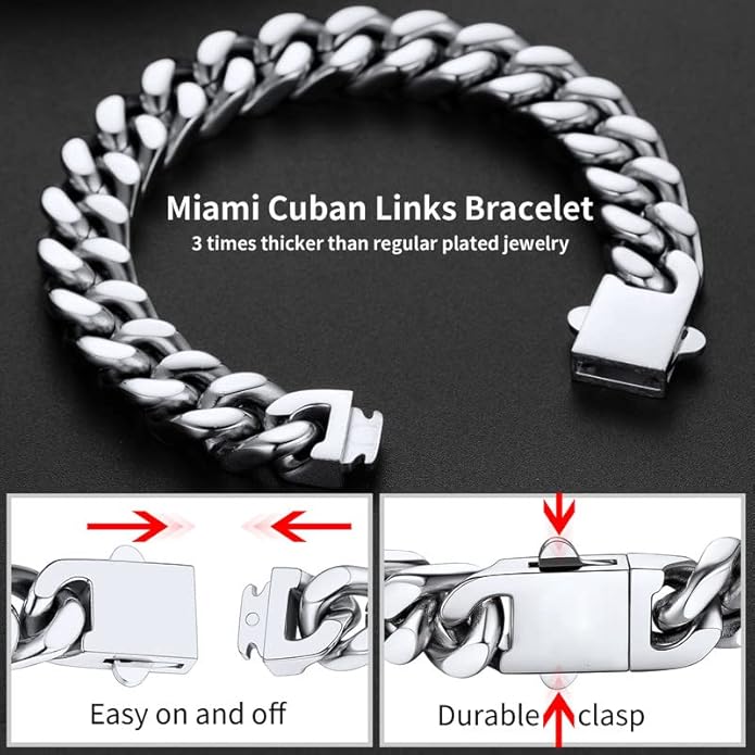 ChainsHouse Stainless Steel Cuban Link Bracelet for Men, 5mm/7mm/9mm/12mm Width, 7.5"/8.3"/9" Length, Black/18K Gold Plated Chain Wrist Bracelets for Men, with Gift Box