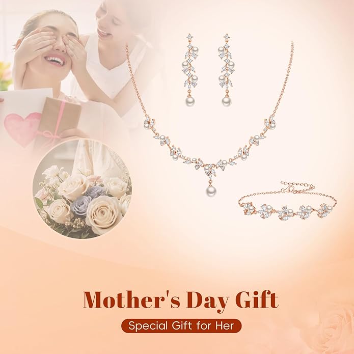 EleQueen Women's Simulated Pearl Wedding Jewelry Set, Cubic Zirconia Marquise Floral Bridal Necklace Earrings Bracelet Sets