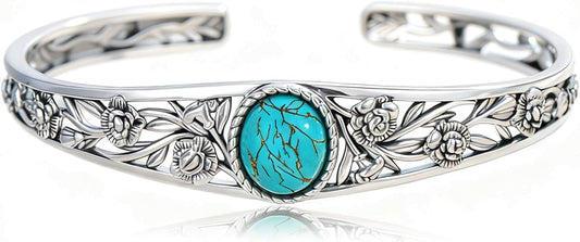 Christmas Jewelry Gift for Women-Genuine Turquoise Cuff Bracelet, Sterling Silver Western Vintage Floral Bangle Native American Jewelry, For 6.5-7.5 Inch Wrists