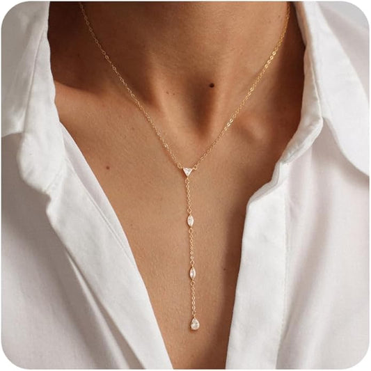 Lariat Necklace for Women, Dainty 14K Gold/Silver Plated Long Necklaces for Women Trendy Simple Layered Y-Shaped Drop Pendant Necklace Adjustable Gold Jewelry Gifts For Her Christmas Stocking Stuffer