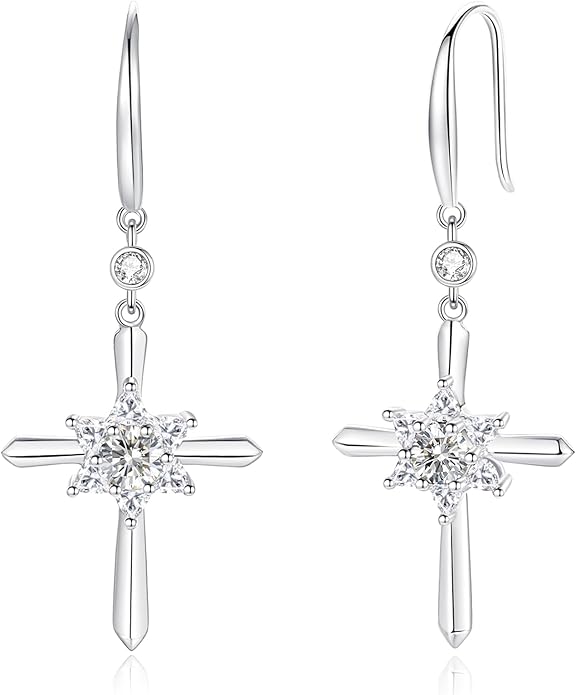 FANCIME Cross Dangle Drop Earrings 925 Sterling Silver Dainty Round Birthstone Earring Fine Jewelry Birthday Gifts for Her Women