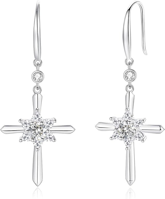 FANCIME Cross Dangle Drop Earrings 925 Sterling Silver Dainty Round Birthstone Earring Fine Jewelry Birthday Gifts for Her Women