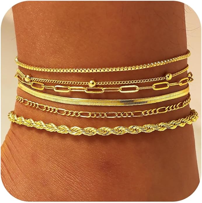 DEARMAY 14K Gold Plated Ankle Bracelets for Women Waterproof - Dainty 6Pcs Anklets Layered Cuban Link Chain Herringbone Cute Anklets Set Pack Summer Beach Jewelry Gift for Women Teen