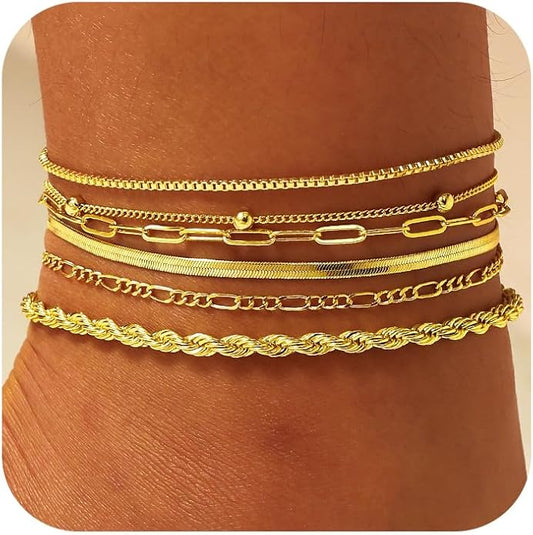 DEARMAY 14K Gold Plated Ankle Bracelets for Women Waterproof - Dainty 6Pcs Anklets Layered Cuban Link Chain Herringbone Cute Anklets Set Pack Summer Beach Jewelry Gift for Women Teen