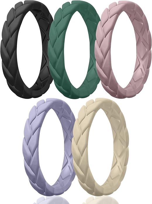Egnaro Women's Silicone Stackable Rings 3.5mm Wide 2mm Thick, Rubber Flexible Hypoallergenic Wedding Bands For Workout Leaf Braided Fashion