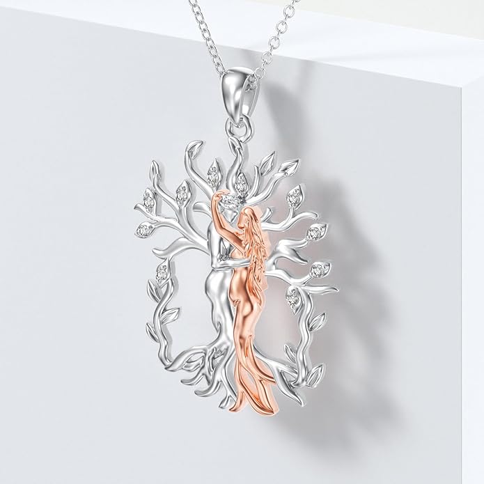 LWXIE Diamond Hug Couple Necklace for Women 925 Sterling Silver Tree of Life Embrace Pendant with Lab Grown Diamond Jewelry Gifts for Wife Girlfriend