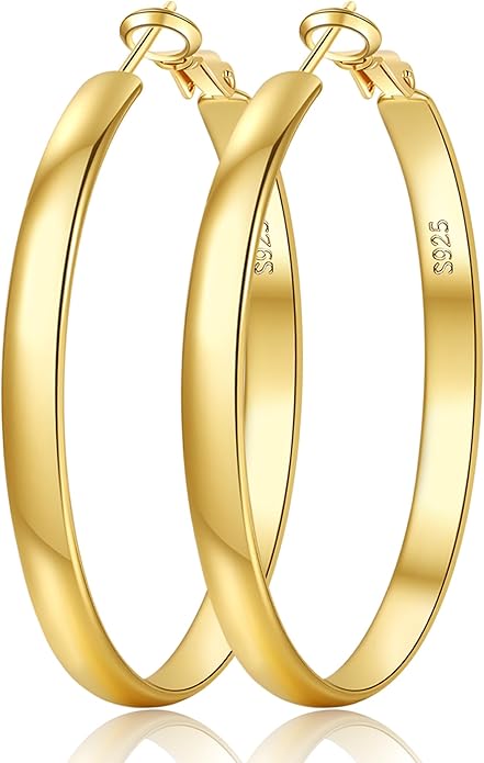 EXGOX 5mm Wide Gold Hoop Earrings for Women,Sterling Silver Hoop Earrings Large Silver Hoop Earrings Hypoallergenic Lightweight 14K Real Gold Plated Big Hoop Earrings for Women 30/40/50/60/70mm
