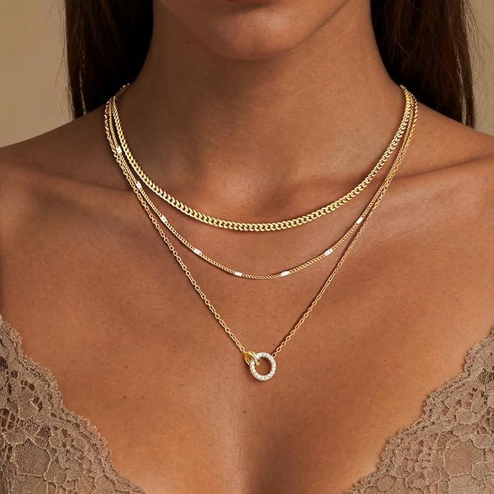WomenGifts Layered Gold Necklaces for Women, 14K Gold Sterling Silver Plated Dainty Pendant Necklace Set with Cubic Zirconia Circle, Chunky Stackable Cuban Chain Choker, Trendy Personalized Birthstone Jewelry Gift Non Tarnish