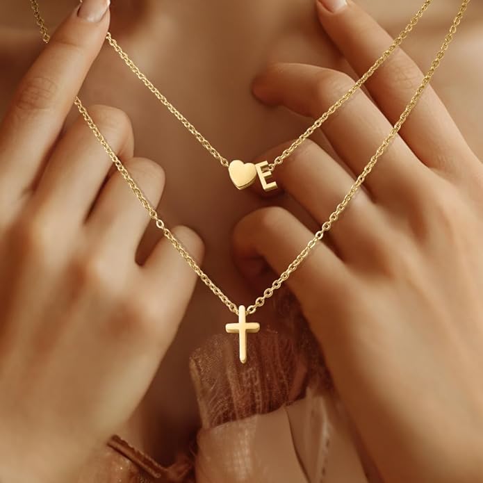 Cross Necklace, Layered Initial Necklaces for Women,Dainty 18K Real Gold Plated Heart Initial Necklace, Personalized Gifts for Women Teen Jewelry
