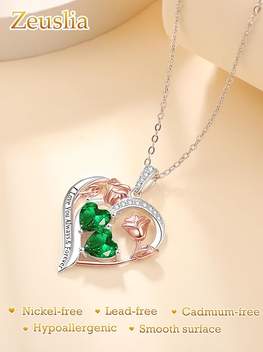 Zeuslia Double Birthstone Necklace Gifts for Wife - 925 Sterling Silver Sunflower/Rose/Crown Cross/Compass/Heart Pendant I Love You Necklace, Anniversary Birthday Gifts for Wife Girlfriend Mom Her