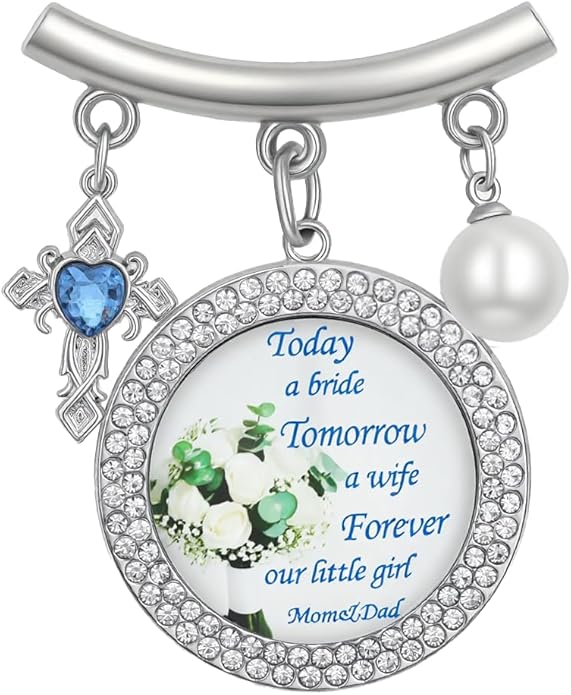 Wedding Bridal Pin, Something Blue Silver Crystal Brooch with Blue Heart Charm, Pearl Accent and Sentimental Message for Mother of Bride Gift