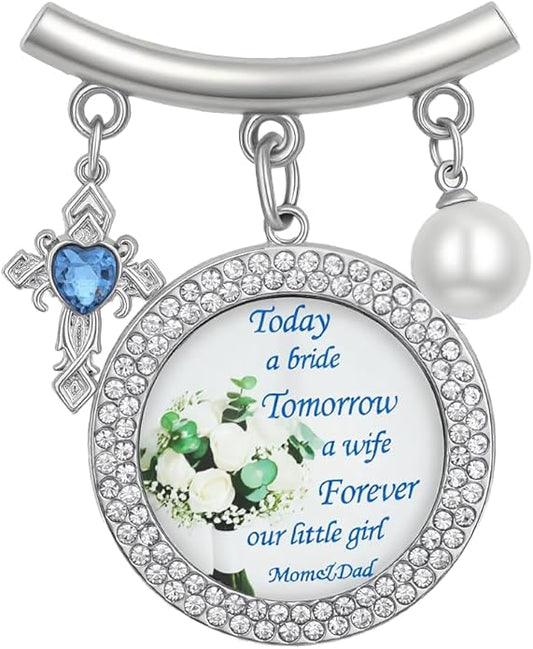 Wedding Bridal Pin, Something Blue Silver Crystal Brooch with Blue Heart Charm, Pearl Accent and Sentimental Message for Mother of Bride Gift