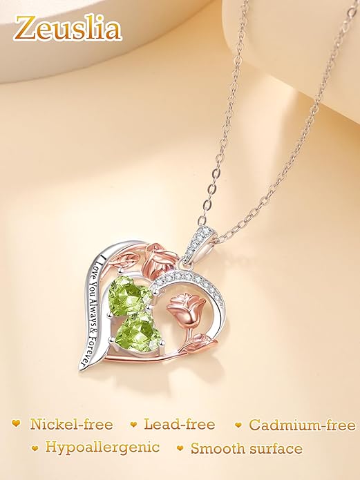 Zeuslia Double Birthstone Necklace Gifts for Wife - 925 Sterling Silver Sunflower/Rose/Crown Cross/Compass/Heart Pendant I Love You Necklace, Anniversary Birthday Gifts for Wife Girlfriend Mom Her