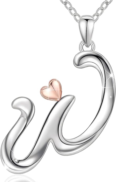CELESTIA 925 Sterling Silver Initial Necklaces 26 Letter with Rose Gold Heart - 18 Inch Chain