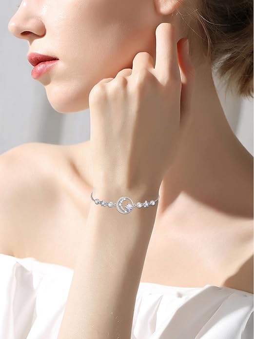 Moon and Star Birthstone Charm Link Bracelet 925 Sterling Silver Moon and Star Bracelet with 12 Months Birthstone Birthday Jewelry Gifts for Women Mom Her,Chain Length 7"+2" Extend