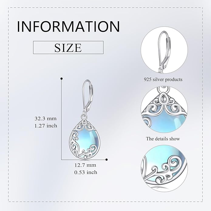 Filigree Earrings Sterling Silver Teardrop Moonstone Moss Agate Lapis Lazuli Larimar Emerald Peridot Opal Dangle Dangly Drop Leverback Earrings Boho Jewelry Gifts for Women