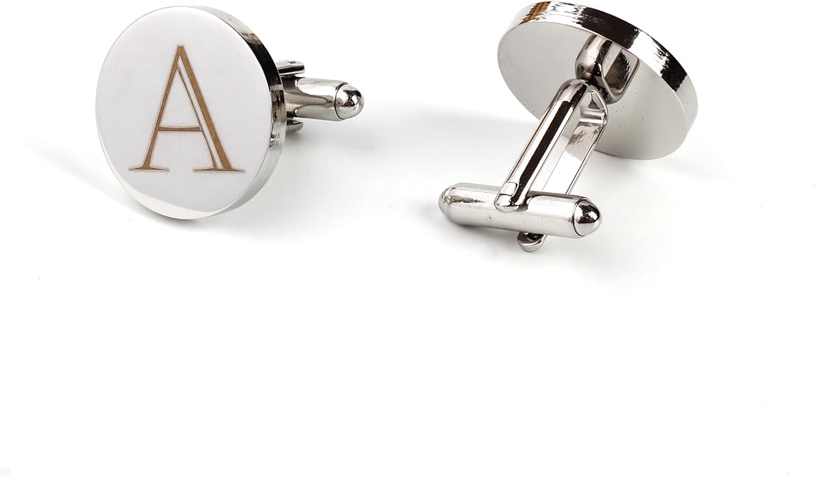 Mens Initial Silver Cufflinks A-Z Alphabet Letter Steel Cuff Links with Engraved Walnut Wood Box Groom Groomsman Wedding Set…
